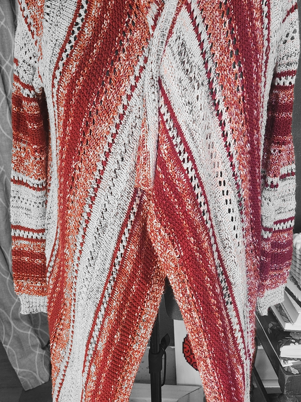 Open-Knit Red and Cream Striped Women’s Sweater